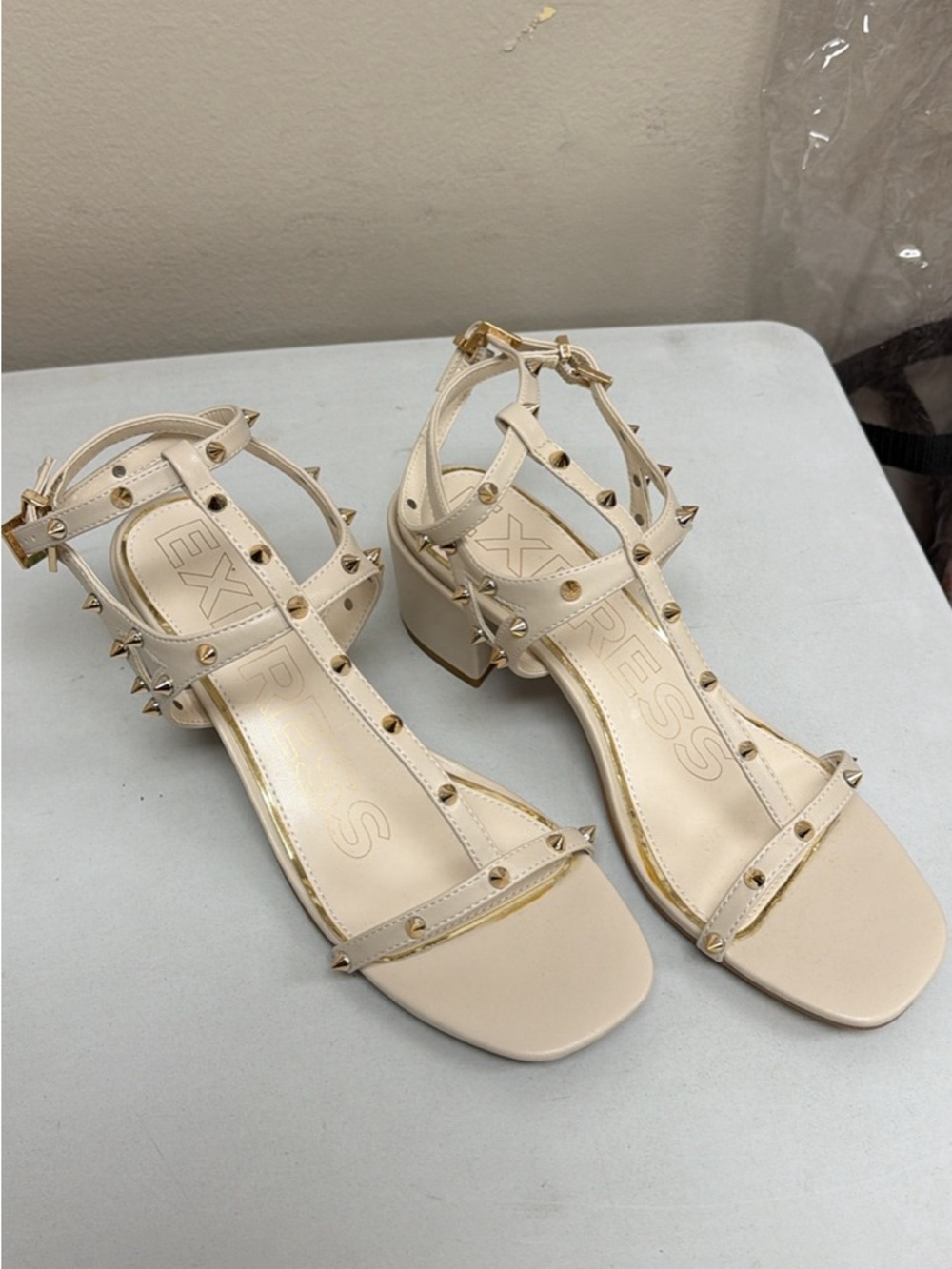 Express Cream Studded Block Heel Sandals with Gold Accents